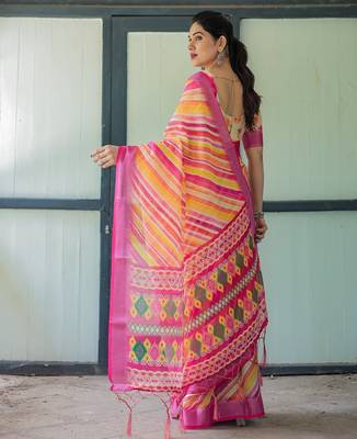 Festive ready handloom linen saree with floral artwork & matching blouse 3