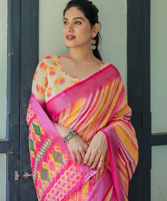 Festive ready handloom linen saree with floral artwork & matching blouse 4