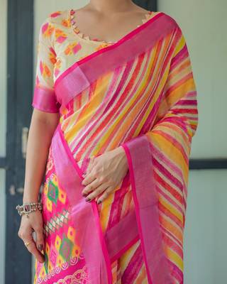 Festive ready handloom linen saree with floral artwork & matching blouse 5