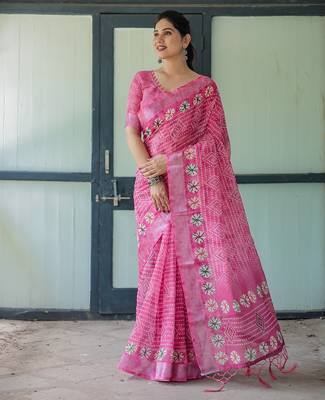 Handloom linen floral printed saree with tassels & attached blouse     5.5m 1