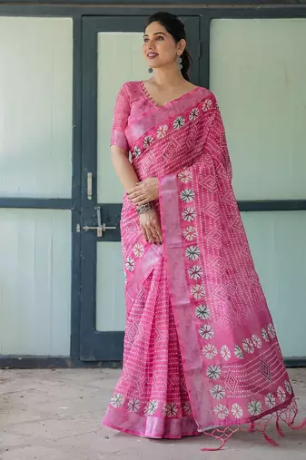 Handloom linen floral printed saree with tassels & attached blouse – 5.5m