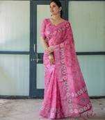 Handloom linen floral printed saree with tassels & attached blouse     5.5m