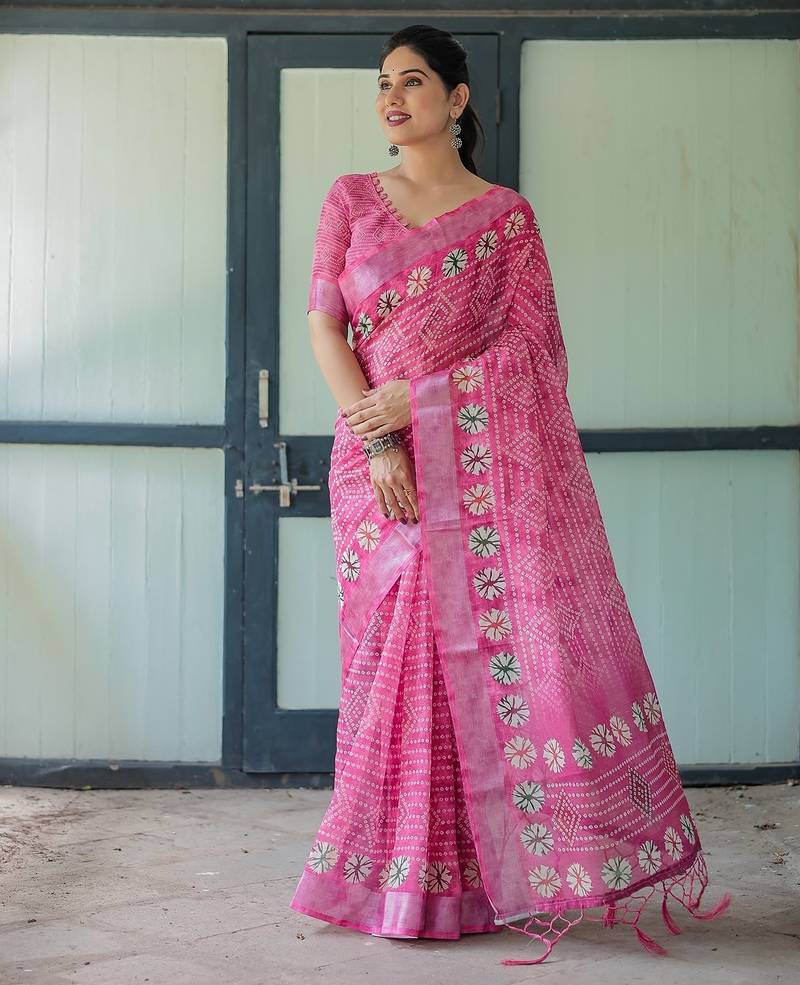 Handloom linen floral printed saree with tassels & attached blouse     5.5m