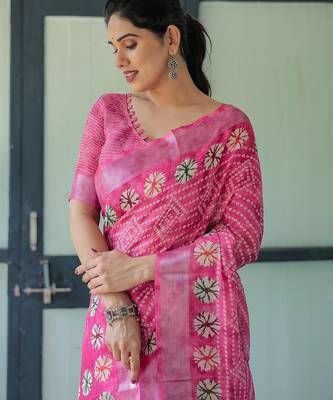 Handloom linen floral printed saree with tassels & attached blouse     5.5m 2