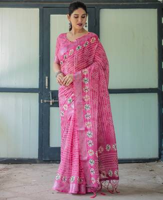 Handloom linen floral printed saree with tassels & attached blouse     5.5m 3