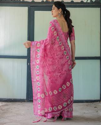 Handloom linen floral printed saree with tassels & attached blouse     5.5m 4