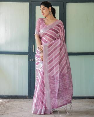 Elegant handloom linen saree with floral print & tassel edges     5.5m + 0.8m blouse 1