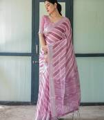 Elegant handloom linen saree with floral print & tassel edges     5.5m + 0.8m blouse