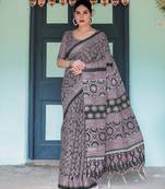 Pure linen handloom saree with floral print and designer tassels