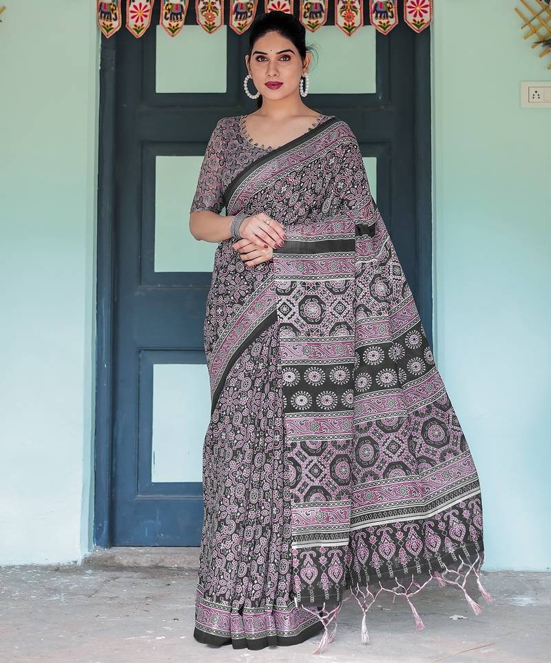 Pure linen handloom saree with floral print and designer tassels