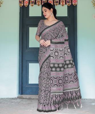 Pure linen handloom saree with floral print and designer tassels 2