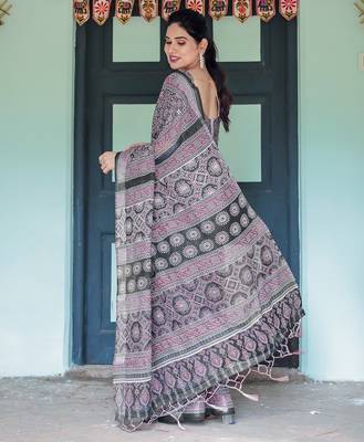Pure linen handloom saree with floral print and designer tassels 4