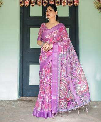 Floral printed linen saree in handloom weave with blouse piece     5.5m 1