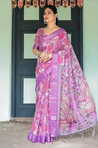 Floral printed linen saree in handloom weave with blouse piece – 5.5m