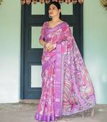 Floral printed linen saree in handloom weave with blouse piece     5.5m