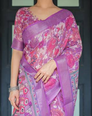 Floral printed linen saree in handloom weave with blouse piece     5.5m 2