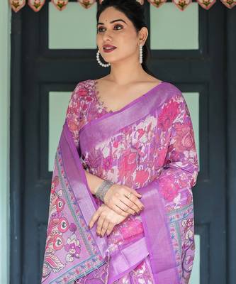 Floral printed linen saree in handloom weave with blouse piece     5.5m 3