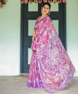 Floral printed linen saree in handloom weave with blouse piece     5.5m 4