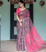 Traditional handloom linen floral saree with matching blouse & tassel detailing