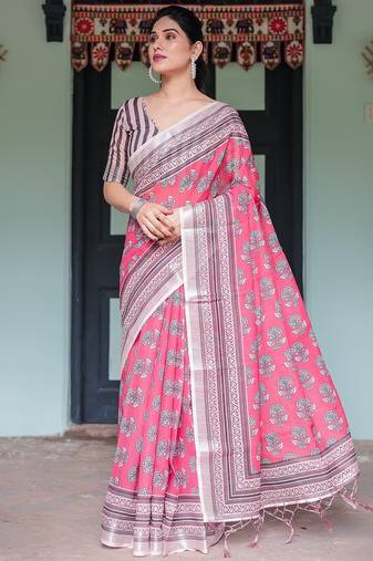 Soft handloom linen floral saree with tassels – includes 0.8m blouse