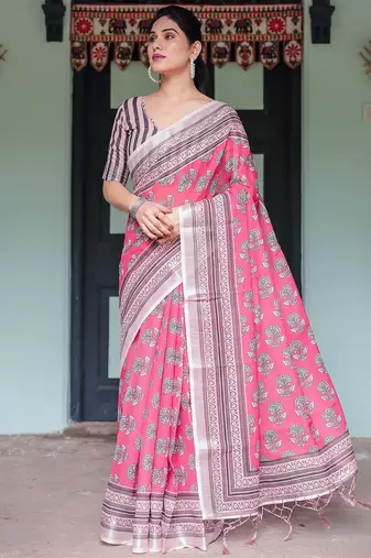 Soft handloom linen floral saree with tassels – includes 0.8m blouse