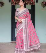 Soft handloom linen floral saree with tassels     includes 0.8m blouse