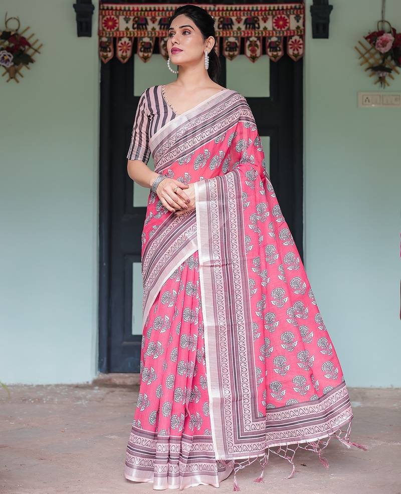 Soft handloom linen floral saree with tassels     includes 0.8m blouse