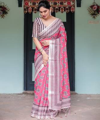 Soft handloom linen floral saree with tassels     includes 0.8m blouse 3