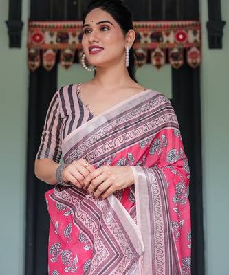 Soft handloom linen floral saree with tassels     includes 0.8m blouse 5