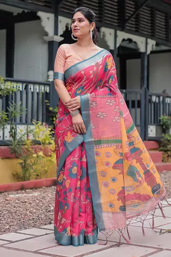 Printed floral handloom linen saree with stylish tassel finish – ready to wear