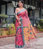 Printed floral handloom linen saree with stylish tassel finish     ready to wear