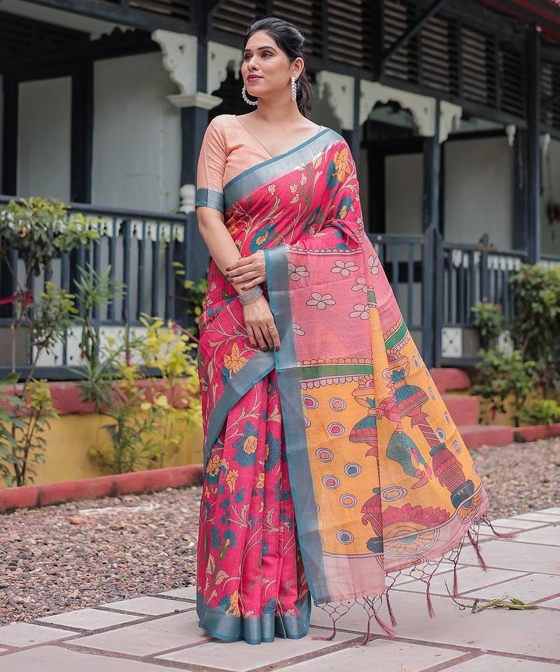 Printed floral handloom linen saree with stylish tassel finish     ready to wear