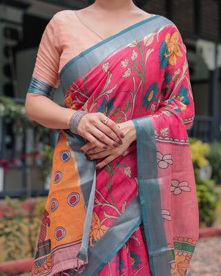 Printed floral handloom linen saree with stylish tassel finish     ready to wear 2