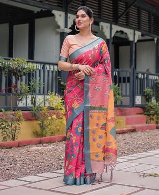 Printed floral handloom linen saree with stylish tassel finish     ready to wear 3