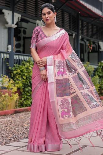 Graceful handloom linen saree with artistic floral print & tassels