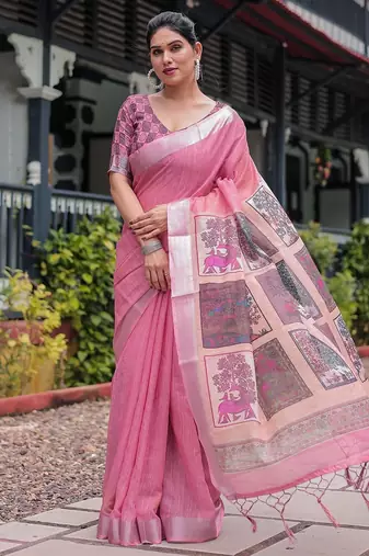 Graceful handloom linen saree with artistic floral print & tassels
