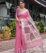 Graceful handloom linen saree with artistic floral print & tassels