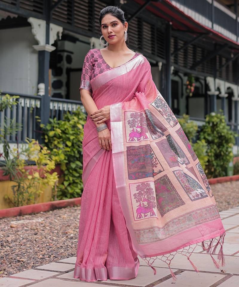 Graceful handloom linen saree with artistic floral print & tassels