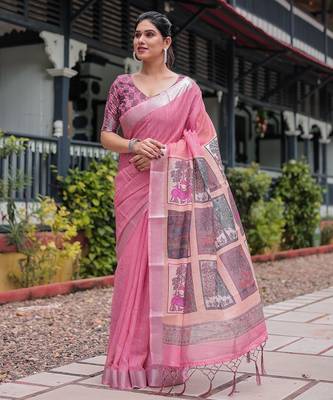 Graceful handloom linen saree with artistic floral print & tassels 2