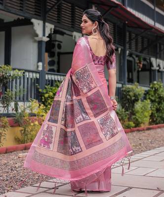 Graceful handloom linen saree with artistic floral print & tassels 3