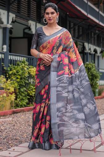 Designer floral print handloom linen saree with tassel pallu & blouse