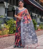 Designer floral print handloom linen saree with tassel pallu & blouse