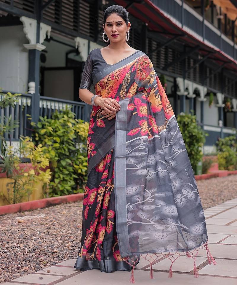 Designer floral print handloom linen saree with tassel pallu & blouse
