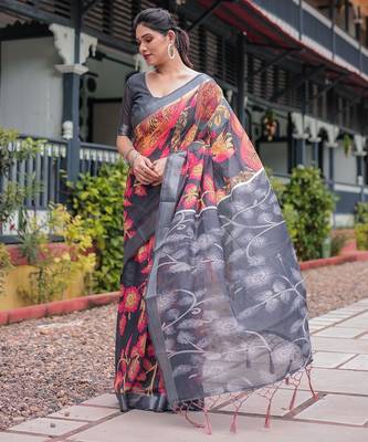Designer floral print handloom linen saree with tassel pallu & blouse 2
