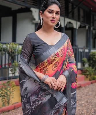 Designer floral print handloom linen saree with tassel pallu & blouse 3
