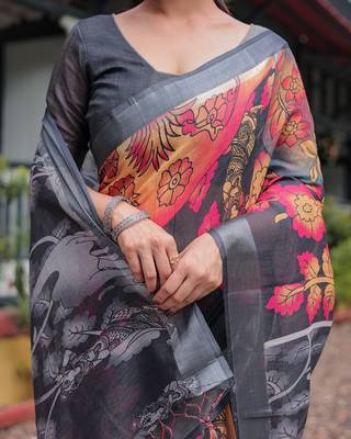 Designer floral print handloom linen saree with tassel pallu & blouse 4