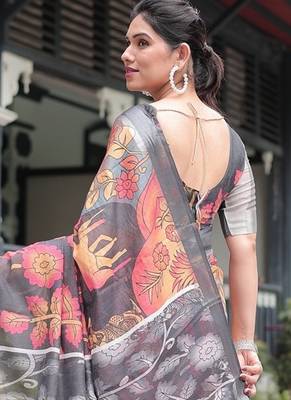 Designer floral print handloom linen saree with tassel pallu & blouse 5