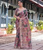 Linen handloom saree with digital floral print and tassels     festive wear