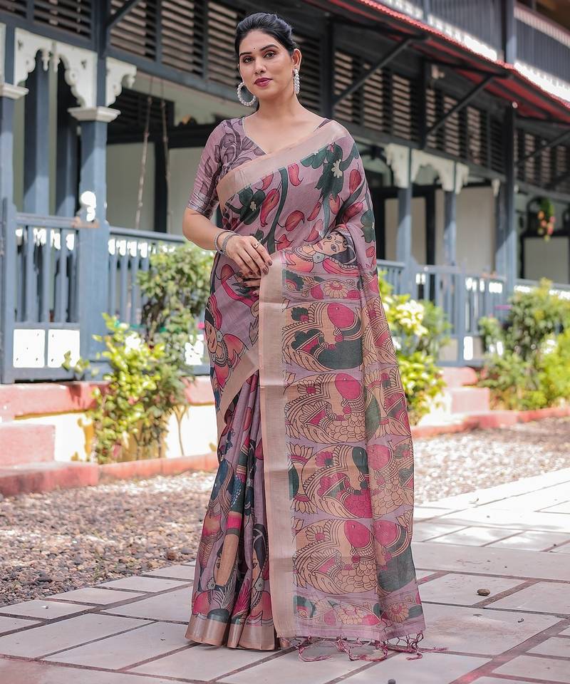 Linen handloom saree with digital floral print and tassels     festive wear