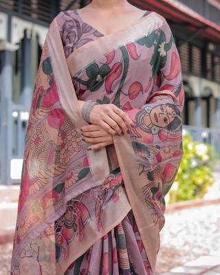Linen handloom saree with digital floral print and tassels     festive wear 2